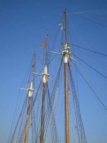 Sails on a masted ship in Barceloneta, Barcelona.