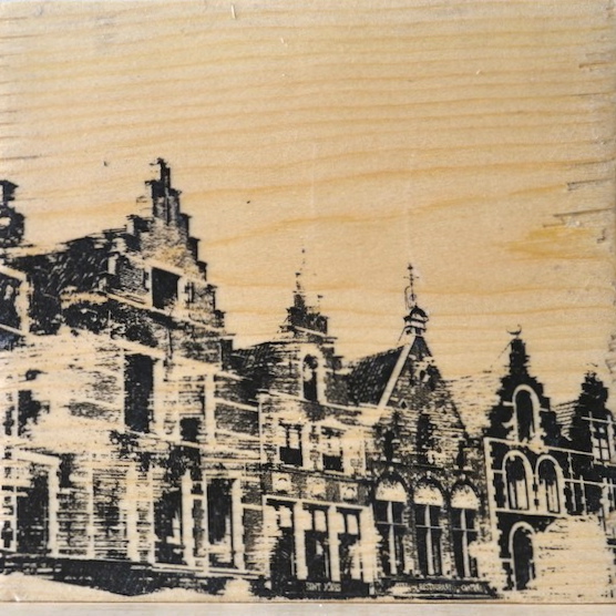 Distressed print of the Grote Markt houses in Bruges, Belgium