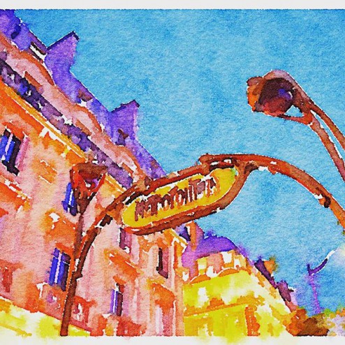 St Michel Paris Metro station painted by Waterlogue
