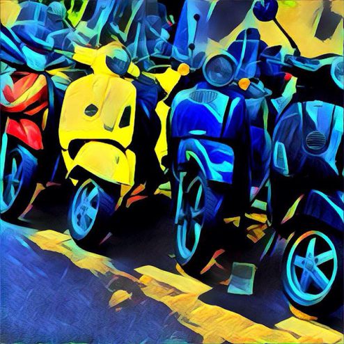 Prisma filtered motorscooters on a Paris street