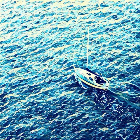 Prisma filter of a sailboat in Vigo Spain harbour, Great Wave of Kanawa