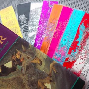 Harry Potter Magic Spells - set of 9 handmade clear bookmarks in various colors of metal foil. Great nerd or geek gift!