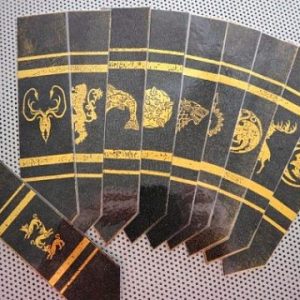 Game of Thrones set of 10 bookmarks Greyjoy banner flags fantasy art print symbols in metallic gold foil on black card for books