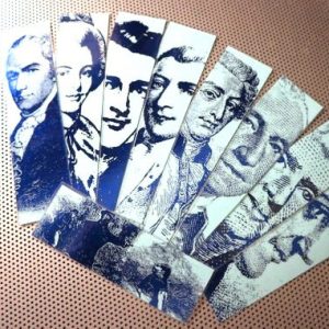 Alexander Hamilton / Cast of Characters / set of nine handmade historical bookmarks / shiny blue metallic foil highlight cardstock laminated