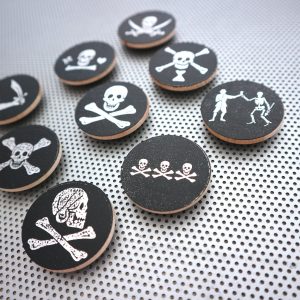Pirate Jolly Roger Flags 9 magnet set / 1.5" skull & crossbones wood coin fridge magnets / metal black silver office refrigerator decor