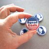 Squad Goals 1.5" pinback buttons. Feminist politician portraits. AOC Ayanna Tlaib Ilhan Omar. Democrat prints in blue foil on white. - Image 2