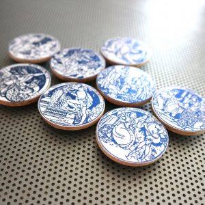 Shakespeare plays set of 8 fridge magnets in metallic blue foil / handmade wood coin magnets for English drama student teacher gifts