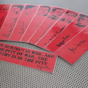 War Poets bookmarks / set of nine handmade portraits writers poets soldiers book mark / black on poppy red / Walt Whitman Wilfred Owen