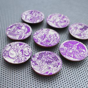 Shakespeare plays set of 8 fridge magnets in metallic purple foil / handmade wood coin magnets for English drama student teacher gifts