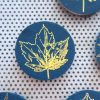 Maple Leaves set of 6 fridge magnets. Shiny gold foil on midnight blue. Handmade botanical wood coin forest magnets biologist gardener gift - Image 3