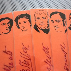 Romantic Poets bookmarks / set of nine handmade portraits of writers poets / Byron Burns Shelley Keats / terracotta and red book marks