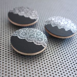 Lace 3 magnet set / 1.5" wood coin magnets in metallic silver on black design / office decor cubicle fridge magnet refrigerator decor