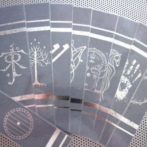 Lord of the Rings Moria / art print symbols / set of 9 handmade fantasy bookmarks / shiny silver metal foil on gray cardstock / laminated